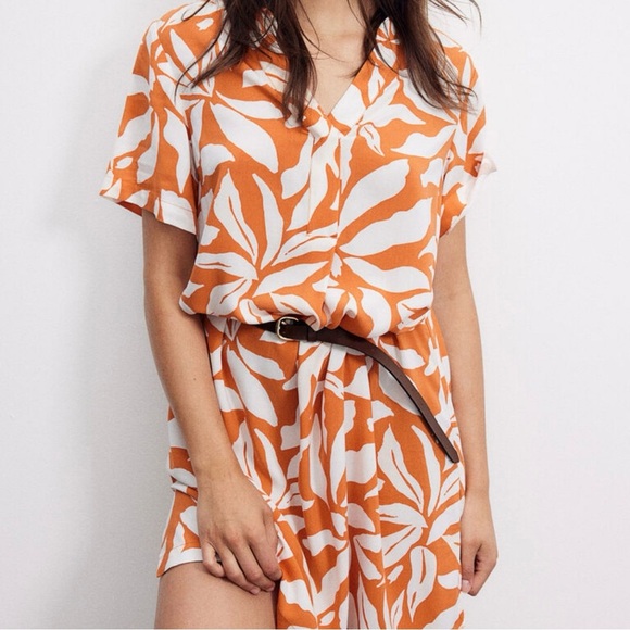NEW H&M VISCOSE TUNIC SHORT SLEEVE DRESS WOMEN SZ XS IN ORANGE PATTERN Relaxed - Picture 1 of 11